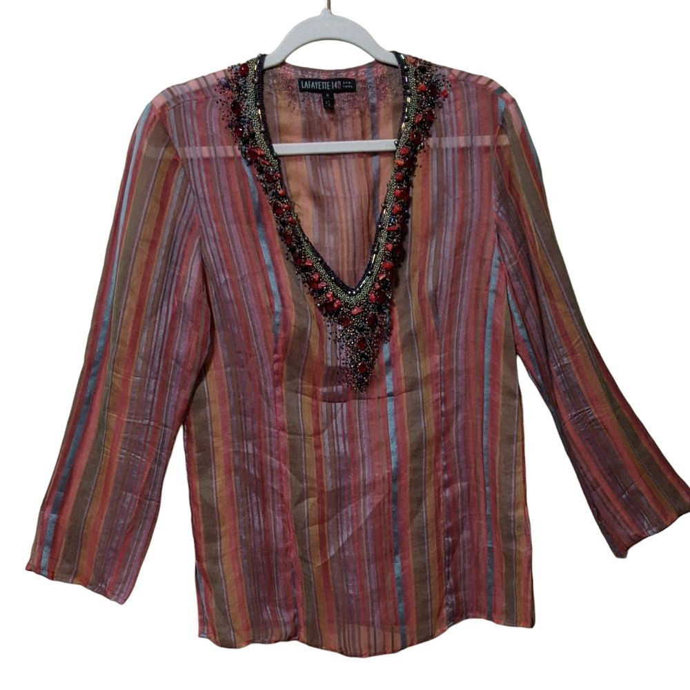 Lafayette 148 NY striped silk cotton blend heavily beaded yoke sheer blouse 8 - Picture 11 of 11